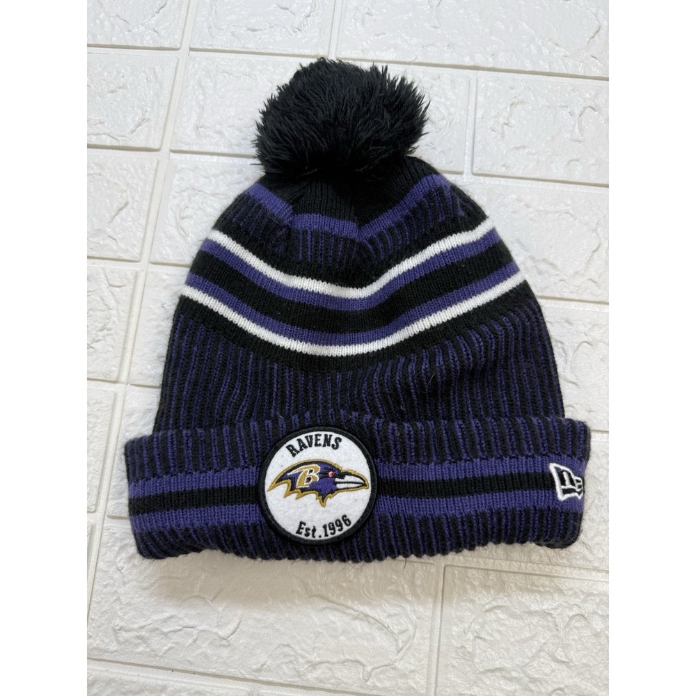 New Era Baltimore Ravens Mens Knit Winter Beanie Hat NFL 100 Striped Pom Purple